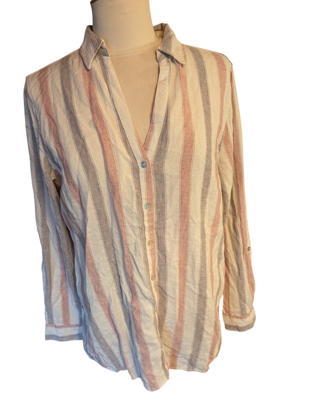 Tahari NWT Long Sleeve Blouse Gray Pink White Stripes
